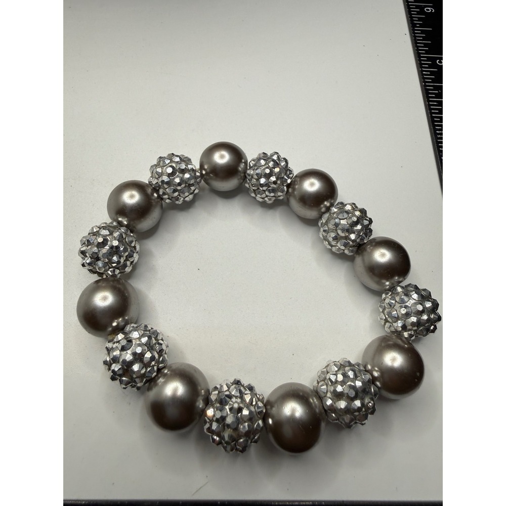 Silver Tone Beaded Stretch Bracelet Disco Ball Faceted Metallic Statement Bangle